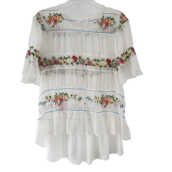 Johnny Was x 4 Love And Liberty White Silk Floral Embroidered Blouse Ruffles - Picture 14 of 15